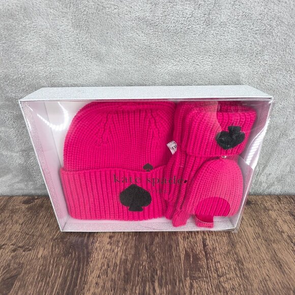 Kate Spade NY Chenille Patch Knit Box Set Beanie Hat Mittens Pink Black Gift New - Picture 1 of 11